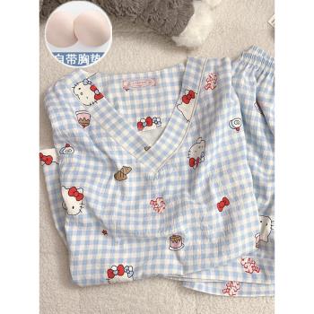 日系HelloKitty純棉紗布睡衣女夏季短袖甜美卡通帶胸墊家居服套裝