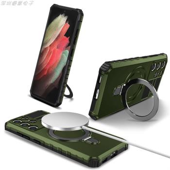 適用三星s21Plus護鏡支架氣囊防摔手機殼s21Ultra磨砂矽膠皮革油Magsafe磁吸無線充