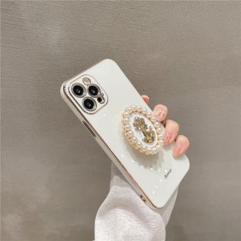 氣質珍珠頭像支架蘋果適用16Pro輕奢13/12簡約15ProMax蘋果14電鍍直邊手機殼iPhone11proMax個性防摔保護套女