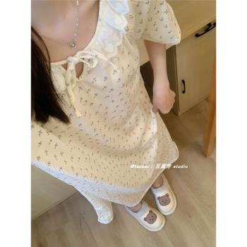 韓國ins蕾絲花邊簡約碎花睡裙女夏季短袖長裙薄款長款睡衣家居服