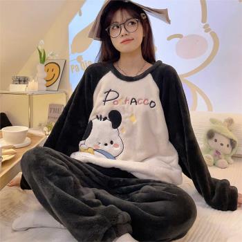 冬季法蘭絨睡衣女網紅風加絨加厚秋冬款珊瑚絨可愛學生家居服套裝