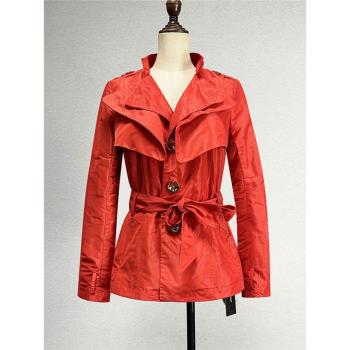 紅色長袖風衣女2024春秋機車服防風防水防雨單排扣淺灰色外套上衣