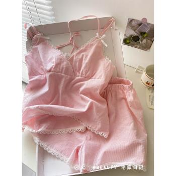 日系純欲蕾絲花邊條紋吊帶純色睡衣女夏天2025新款短褲套裝居家服