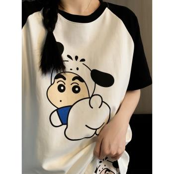 日系可愛蠟筆小新情侶睡衣女夏天純棉短袖夏季圓領家居服三件套裝