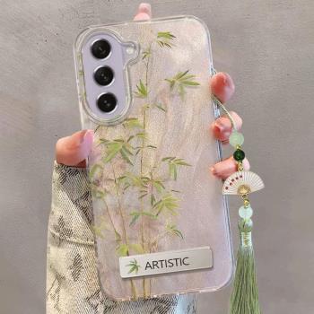 適用三星S21fe手機殼s21FE女新款防摔三星Galaxy S21fE保護套SM-G990B矽膠閃粉羽紗蕭條細竹帶支架吊墜流蘇