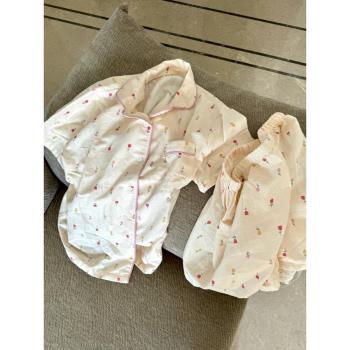 韓版甜美鬱金香印花短袖睡衣女夏季新款大碼家居服開衫短褲三件套