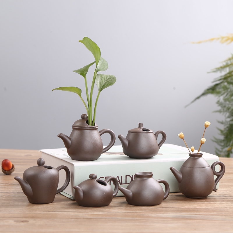 置物　器　小壺　花器 禪意陶瓷創意小茶壺迷你水培小花瓶粗陶茶寵花器中式桌面擺件中式|花瓶