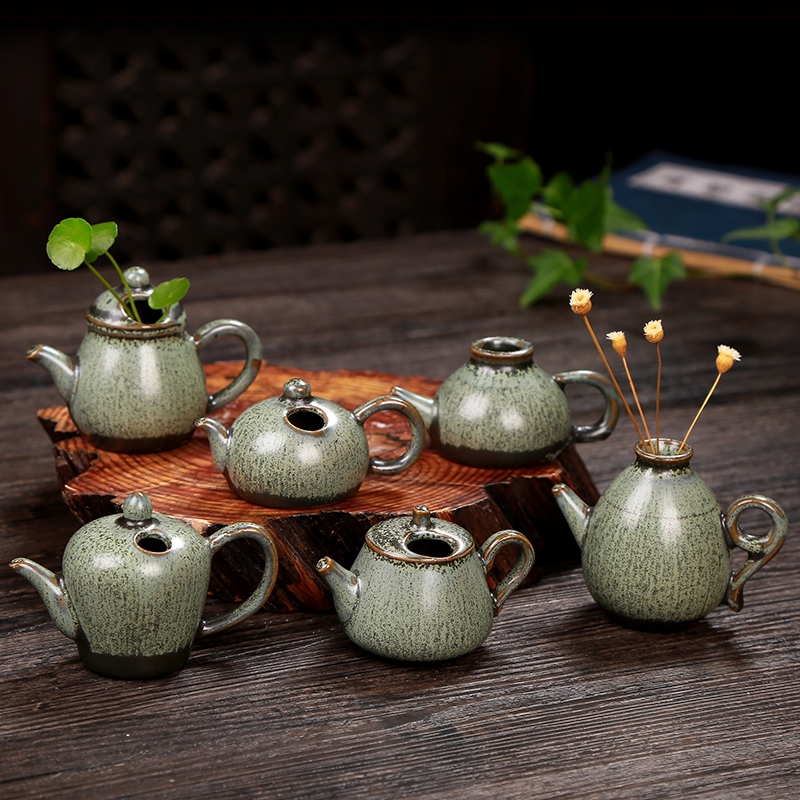 禪意陶瓷創意小茶壺迷你水培小花瓶粗陶茶寵花器中式桌面擺件中式|花瓶