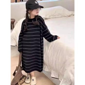 女童德絨睡裙秋冬季2024年新款韓版長袖童裝條紋小女孩寶寶連衣裙