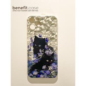 benefit紫色花叢小黑貓適用於iphone16promax蘋果15PRO手機殼13新款14套12創意11全包xsmax矽膠xr防摔8plus7p