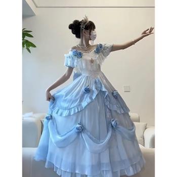 漸變藍立體玫瑰lolita連衣裙洋裝花嫁洛麗塔仙女裙重工蓬蓬公主裙