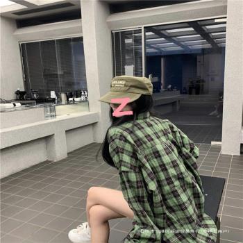 實價實拍~時髦復古綠色格子長袖防嗮襯衫薄款慵懶感外套上衣