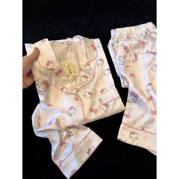 甜美Hello Kitty睡衣女2025早春新款法式舒適冰絲長袖家居服套裝