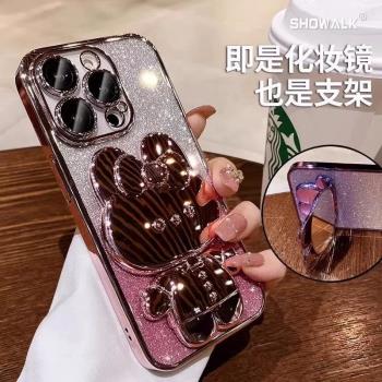 適用蘋果16promax手機殼iphone15高階14帶鏡頭膜plus矽膠13pro閃粉12promax全包防摔1女兔子補妝鏡支架軟透明