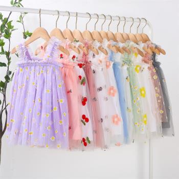 ins童裙夏季新款吊帶女童連衣裙刺繡甜美紗裙兒童洋裝公主裙