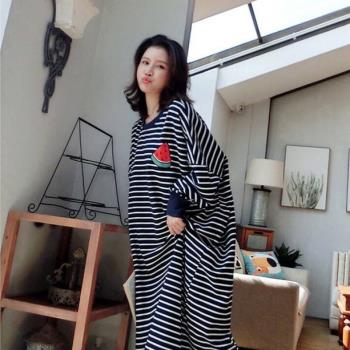 長袖睡裙女春秋款水果條紋大碼睡衣200斤學生韓版可愛寬松家居服