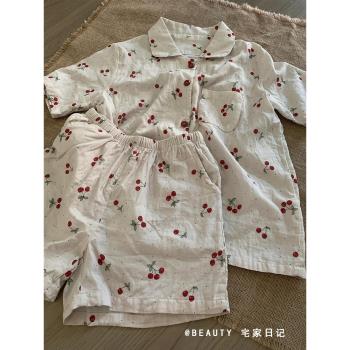 日系少女櫻桃櫻花短袖睡衣女2025夏季新款甜美大碼短褲家居服套裝