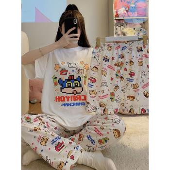網紅蠟筆小新睡衣女夏季短袖薄款棉質三件套ins風卡通學生家居服