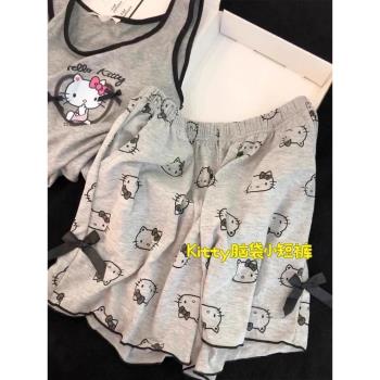 HelloKitty帶胸墊吊帶睡衣女款夏季卡通凱蒂貓背心短褲家居服套裝
