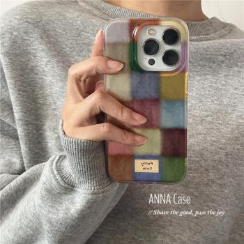 ANNACASE秋冬復古彩色小方格錫紙紋手機殼適用iphone16promax蘋果15軟殼14新款12pro全包13Promax防摔保護套