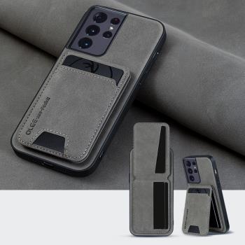 卡包支架適用三星s21ultra手機殼多功能一體Galaxy S21FE新款全包防摔s21+plus高檔羊巴皮商務男s21U外殼收納