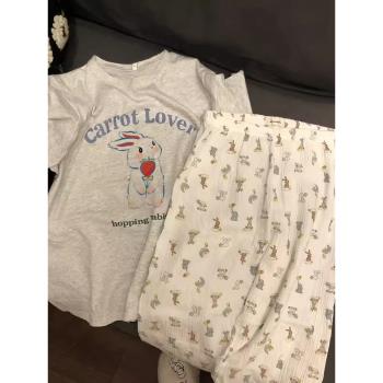 可愛少女兔子印花短袖睡衣女2023年夏季新款家居服休閑長褲兩件套