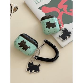 薄荷綠簡約潑墨貓咪適用AirPods4保護套1/2代Pro2黑色蘋果無線藍牙耳機殼AirPods三代防摔矽膠殼華強北五代女