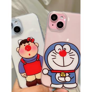 ins風可愛叮當胖虎適用於蘋果13/14/15/16proMax趣味卡通少女手機軟殼iPhone11/12MINI透明15/16plus