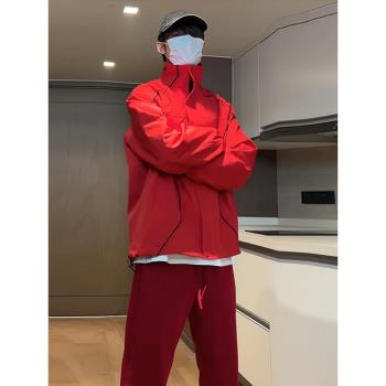 酒紅色立領沖鋒衣外套男款春秋防風防水登山服騎行美式飛行員夾克