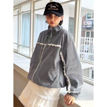 韓國chic春季新款歐貨格子拼接蕾絲花邊立領拉鏈外套上衣夾克女