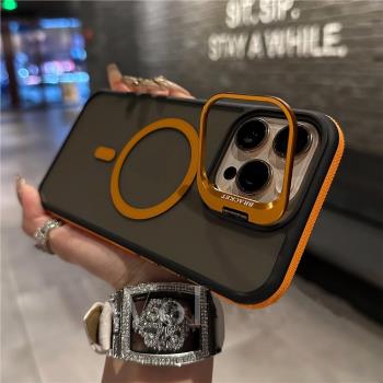 Magsafe磁吸無線充電適用蘋果16Promax帶鏡頭隱形金屬支架iPhone15pro撞色防滑14pm透黑耐臟13男女12保護套11