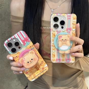黃色小熊磁吸支架殼適用S24FE三星S24ultra手機殼A55/Note20可愛A22 5G/A74/A54閨蜜S10矽膠s20狗S23新款S21