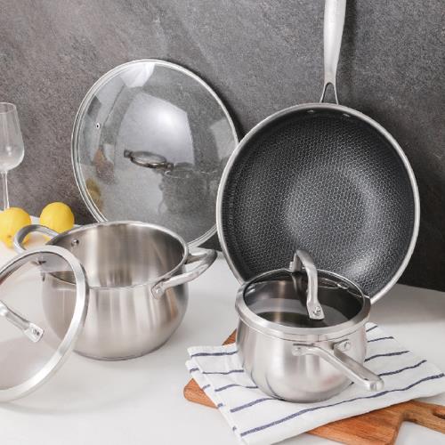 康巴赫新歐式304白金系列不銹鋼不粘鍋炒鍋湯鍋奶鍋禮30/22/16cm