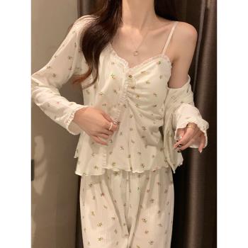長袖睡衣春秋款女士純棉小性感花邊碎花ins風帶胸墊春夏三件套裝