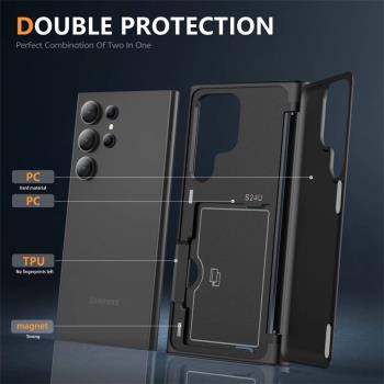 適用三星s24ultra歐美可插卡手機殼s23plus支架內建雙卡槽s22+純色簡約s21保護套日式插卡包保護套