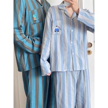 睡衣女2025新款春秋長袖長褲情侶家居服卡通條紋大碼寬松男士套裝