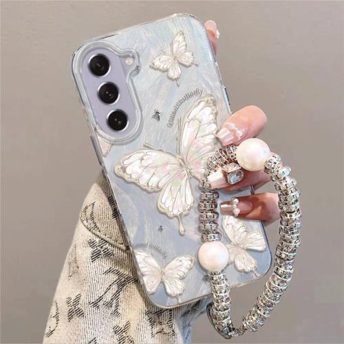 適用三星S21fe手機殼s21FE女新款防摔三星Galaxy S21fE保護套SM-G990B硅膠閃粉羽紗翩翩蝴蝶少女小清新外殼