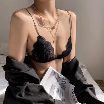 法式三角杯小胸無鋼圈內衣女超薄款夏季蕾絲純欲細帶美背前扣文胸