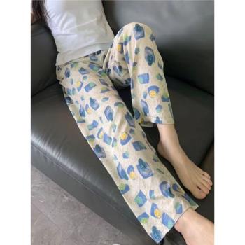 棉綢闊腿褲新款睡褲夏季女寬松大碼九分褲女家居可外穿純棉人造棉