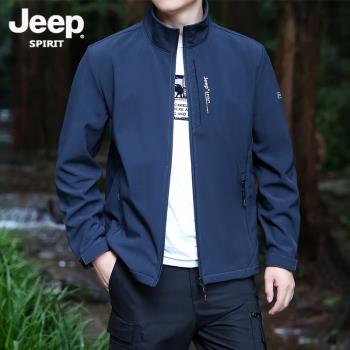 Jeep吉普軟殼外套男士防風防水加絨搖粒絨夾克休閑百搭運動抓絨衣
