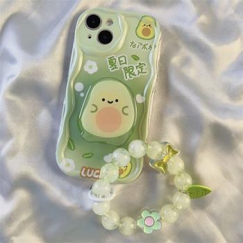 適用蘋果14promax手機殼新款iphone13支架12手鏈11矽膠xs防摔xr保護套8卡通7可愛牛油果創意plus全包奶油紋6s