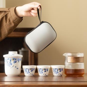 玻璃便攜式快客杯羊脂玉瓷旅行茶具隨身包套裝戶外功夫茶杯泡茶壺