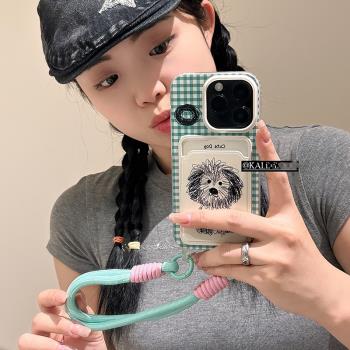 塗鴉狗狗掛繩卡包16適用15PM純色12pro創意iphone11蘋果13promax手機殼14插卡XR女XSMAX可手提防摔矽膠手機套