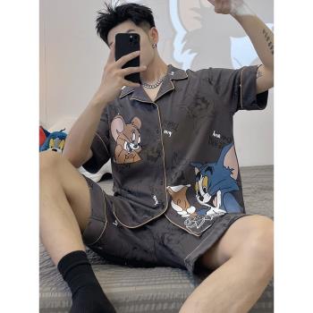 夏季薄款短袖男士睡衣加肥加大寬松開衫夏款卡通青少年家居服套裝