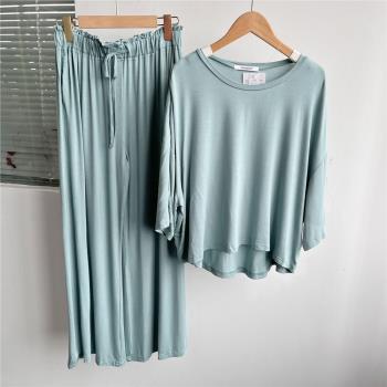 微瑕日系夏季彈力舒適家居服睡衣套裝中袖長褲簡約寬松薄套頭Y10