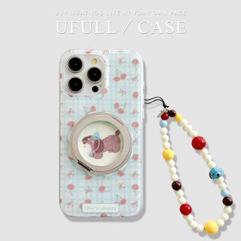 ufull韓風ins格紋櫻桃狗狗適用蘋果15promax手機殼iphone13新款12女款16pro金屬支架14promax手鏈條15軟殼潮