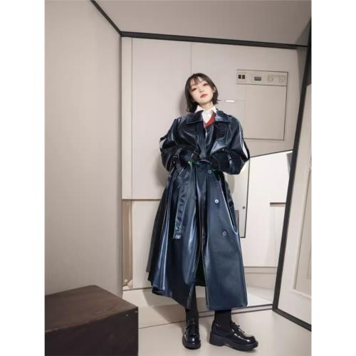 2025新款高級感炫酷機車西裝大衣外套法式廓形長款皮衣秋冬季設計