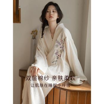 新中式高階雙層棉紗純棉睡衣女春秋款2024新款大碼家居服睡袍浴袍