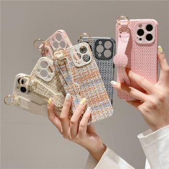 小香風編織紋適用蘋果11/12pro max手機殼iPhone14腕帶15支架16防摔Xs純色XR全包8P矽膠13軟7plus網紅簡約女