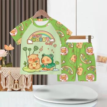 卡皮巴拉可愛男女兒童孩子短袖家居服套裝夏季款兄妹姐弟睡衣睡褲